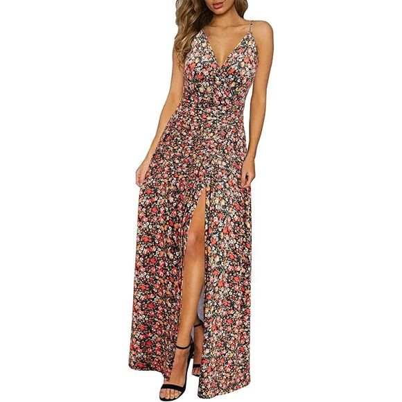 Newshows size XL Women's Summer V Neck Spaghetti Strap Casual Split Long Maxi D - Picture 2 of 9